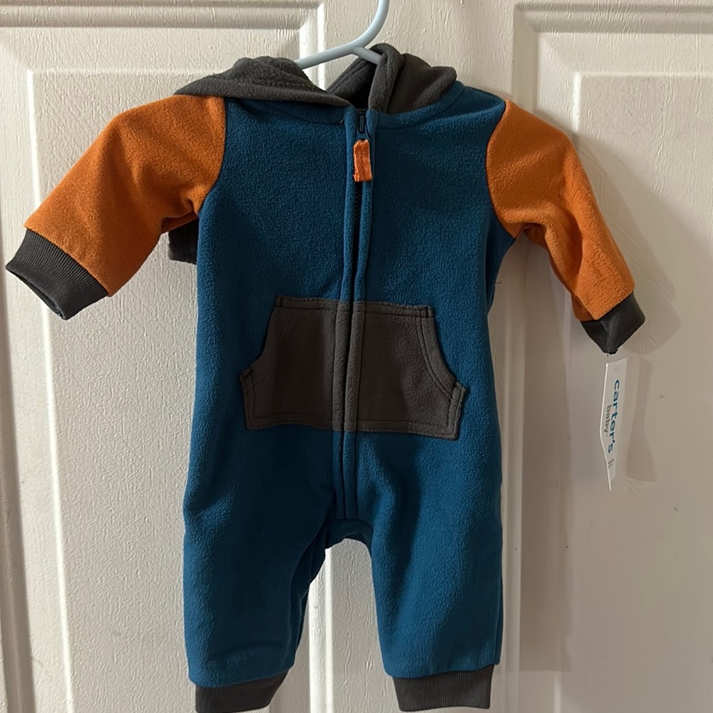 *FINAL* CARTER’S BABY FLEECE ONESIE: BLUE/GRAY/ORANGE: NEW WITH TAGS: NEWBORN